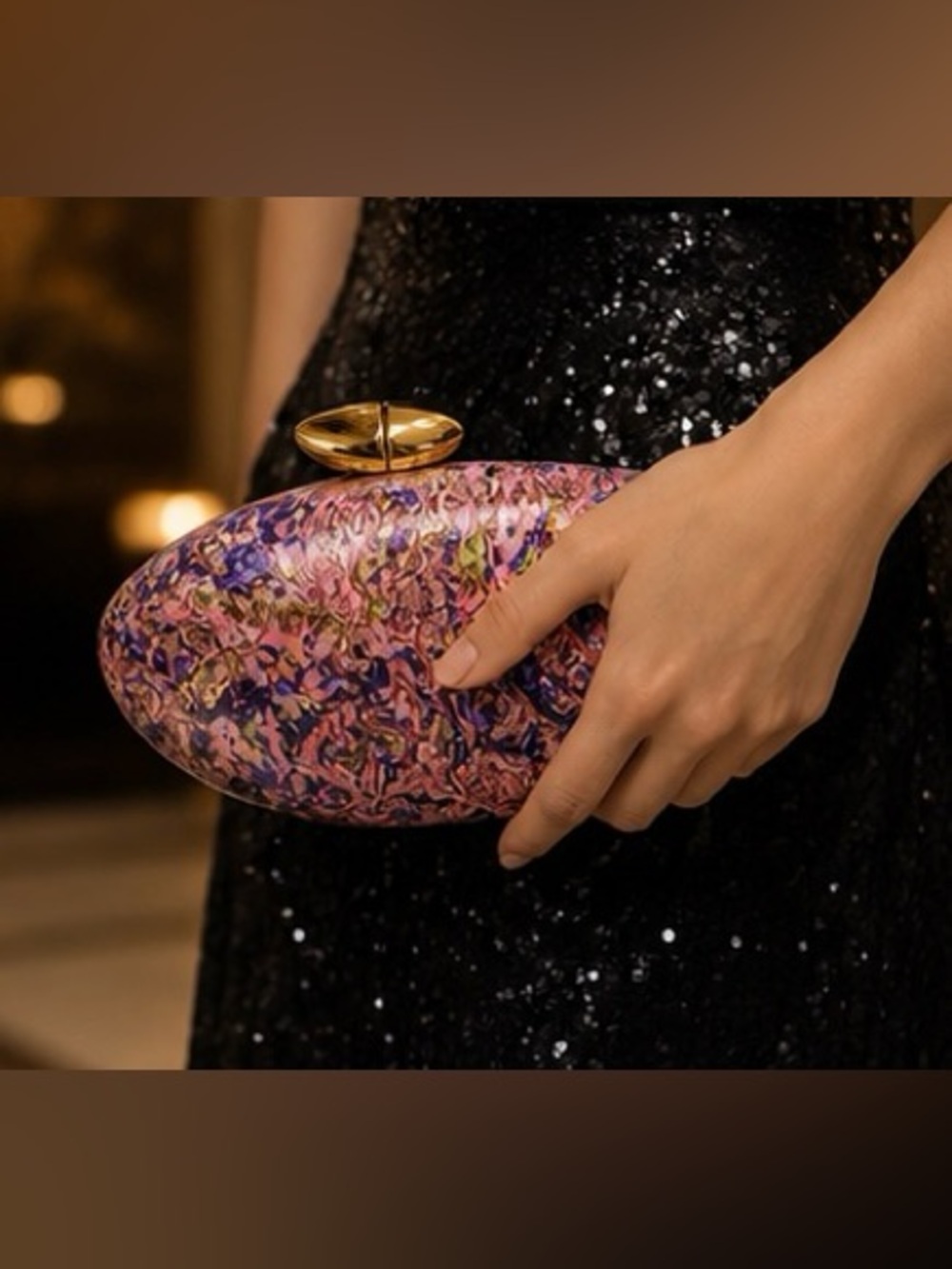 Marbled Pink Purple Acrylic Clutch Bag Gold Frame Evening Party Purse